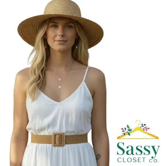 Tan Woven Belt Beaded Square Buckle Adjustable 40.5” NWOT - Picture 1 of 3